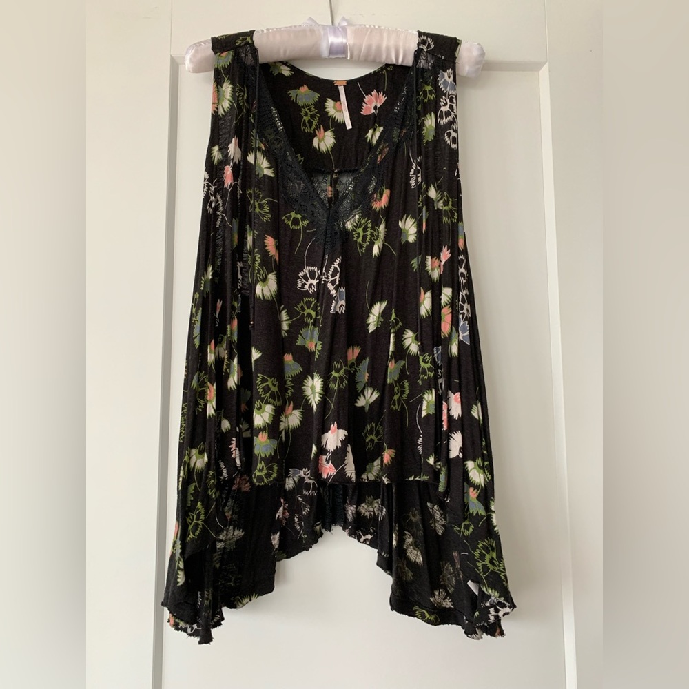 Free People Sz L Lace Trimmed Tank Tunic Top Size Large Black Multicolor